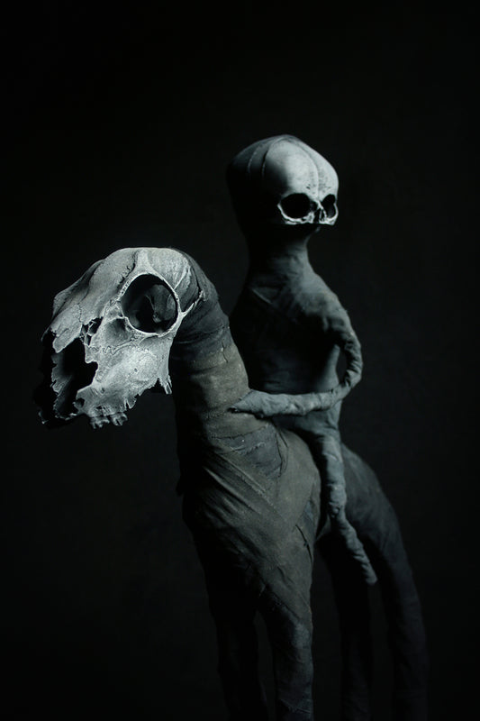 Sculpture "The black rider Daath and his night-horse" - mixed media sculpture