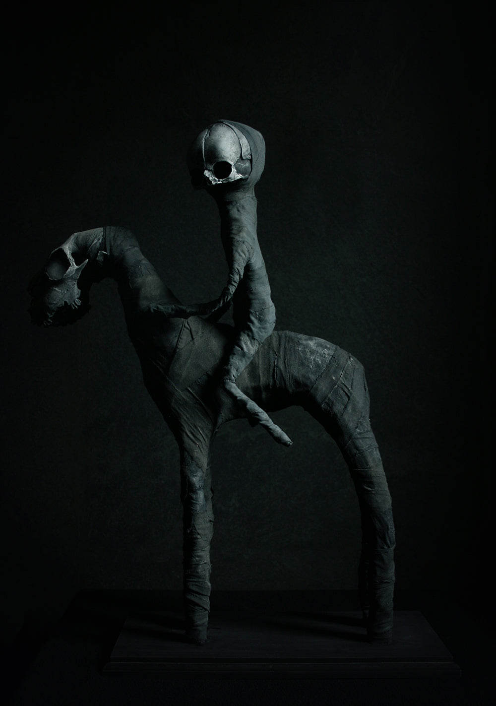 Sculpture "The black rider Daath and his night-horse" - mixed media sculpture