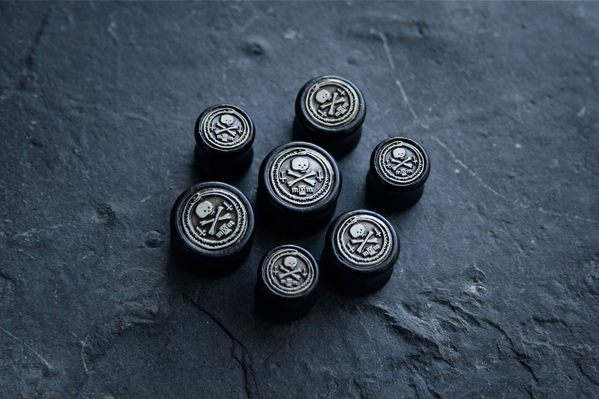 Ouroboros with skull, black wood / metal, double flare (listing is for a pair) - EAR PLUG / GAUGES