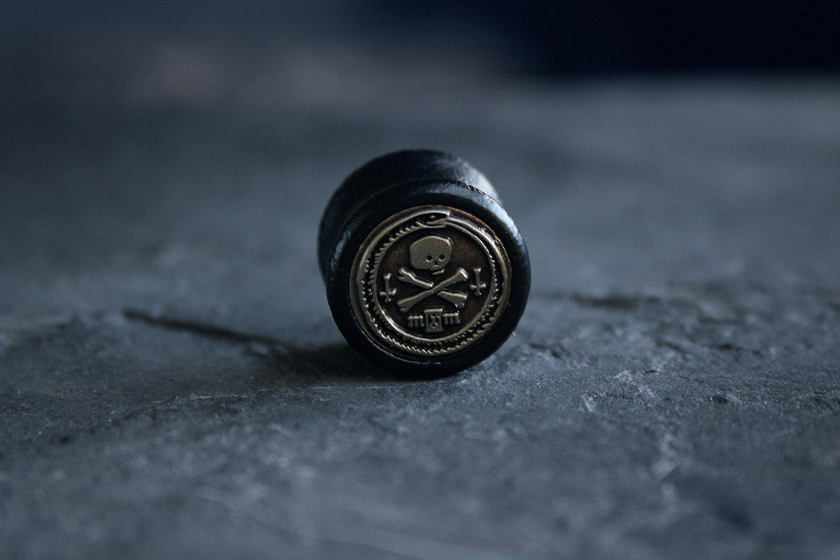 Ouroboros with skull, black wood / metal, double flare (listing is for a pair) - EAR PLUG / GAUGES