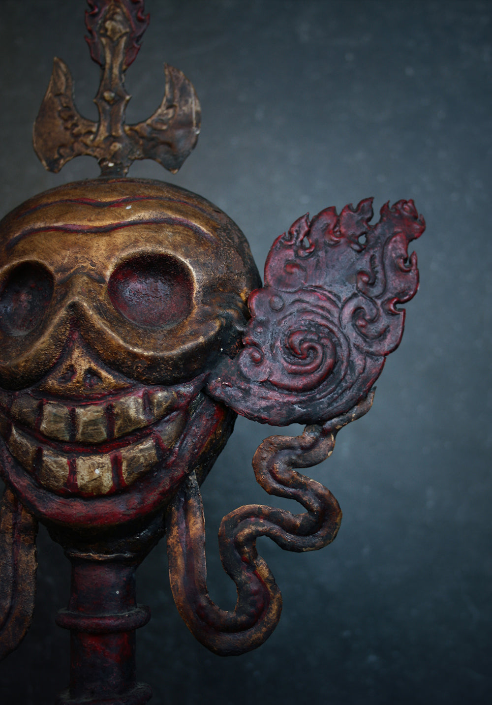 Tibetan skull with flames, Citipati, COPPER stand - RITUAL ITEM