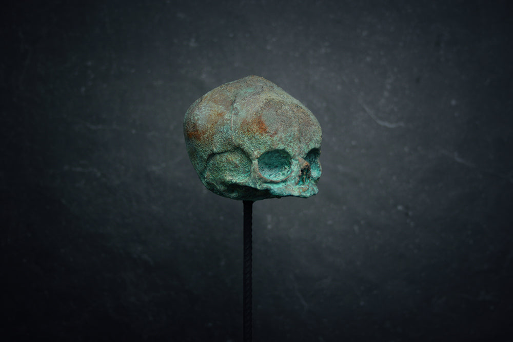 Sculpture "Fetal skull on piedestal" bronze patina version - mixed media sculpture