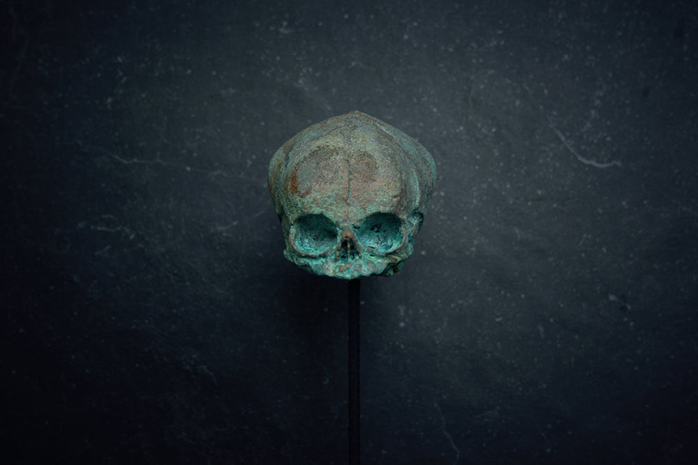 Sculpture "Fetal skull on piedestal" bronze patina version - mixed media sculpture
