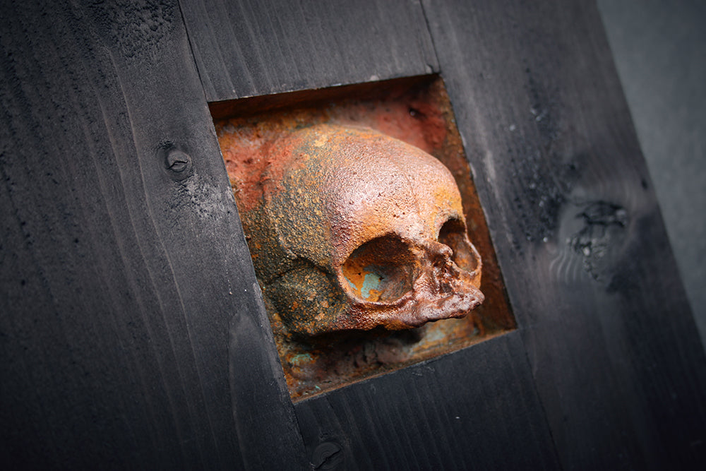 Sculpture "Fetal skull altar square" wall hanger - mixed media sculpture