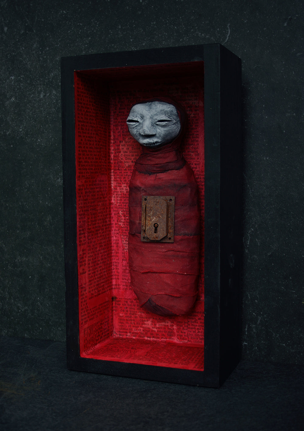 Sculpture stillborn "Red Key Keeper" - mixed media sculpture