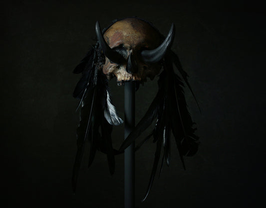 Skull mixed media sculpture "Black Chief 3-tusk" - SCULPTURE