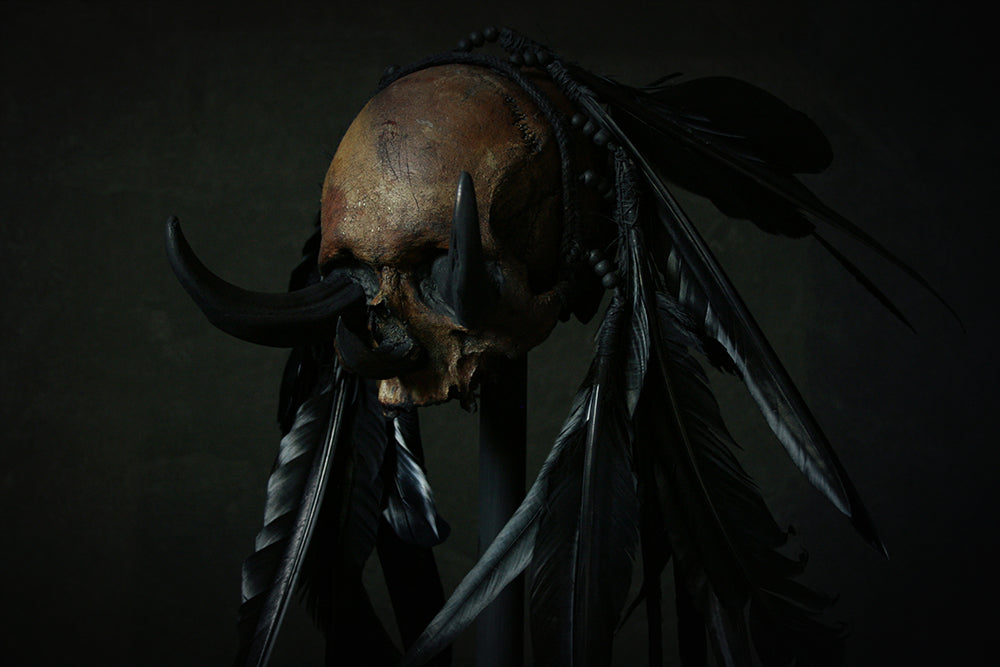 Skull mixed media sculpture "Black Chief 3-tusk" - SCULPTURE