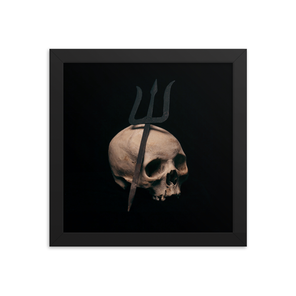 Trident leaning on skull, real human skull photography - Square framed poster