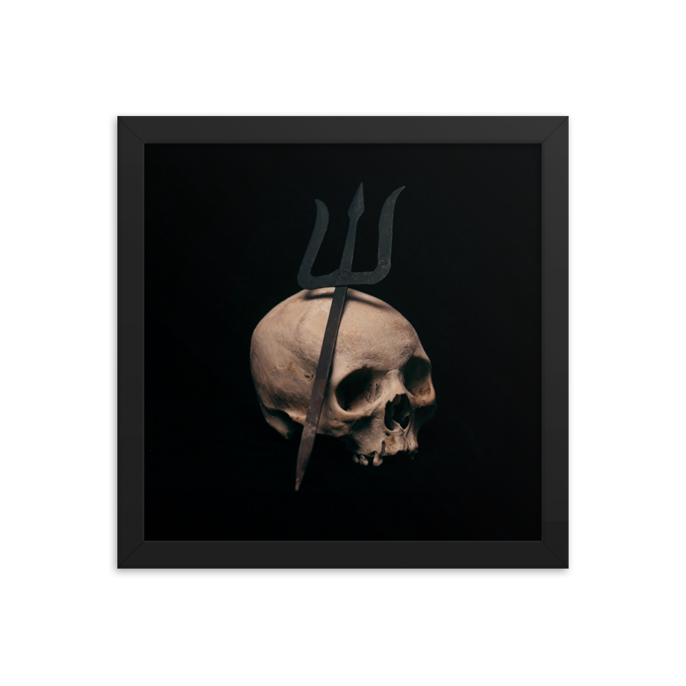 Trident leaning on skull, real human skull photography - Square framed poster
