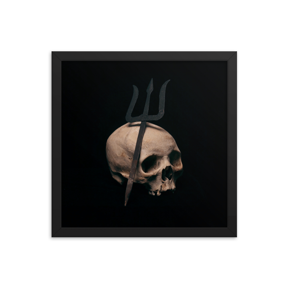 Trident leaning on skull, real human skull photography - Square framed poster