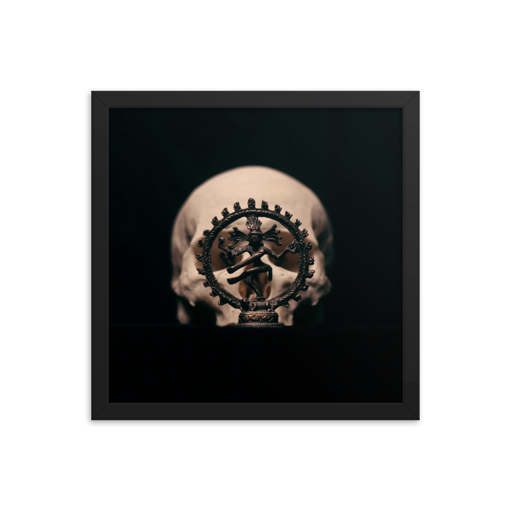 Skull with dancing shiva sculpture, real human skull photography - Square framed poster