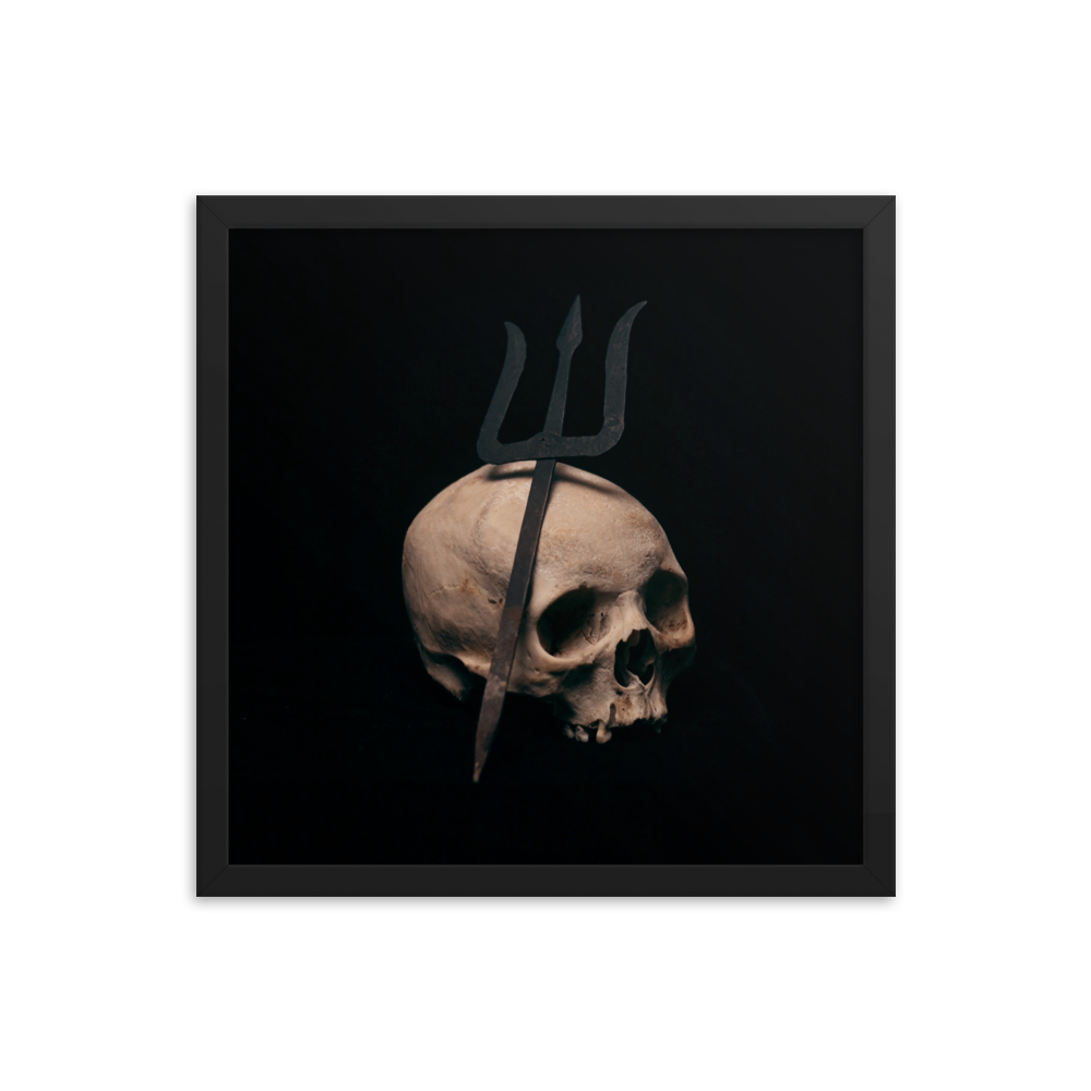 Trident leaning on skull, real human skull photography - Square framed poster