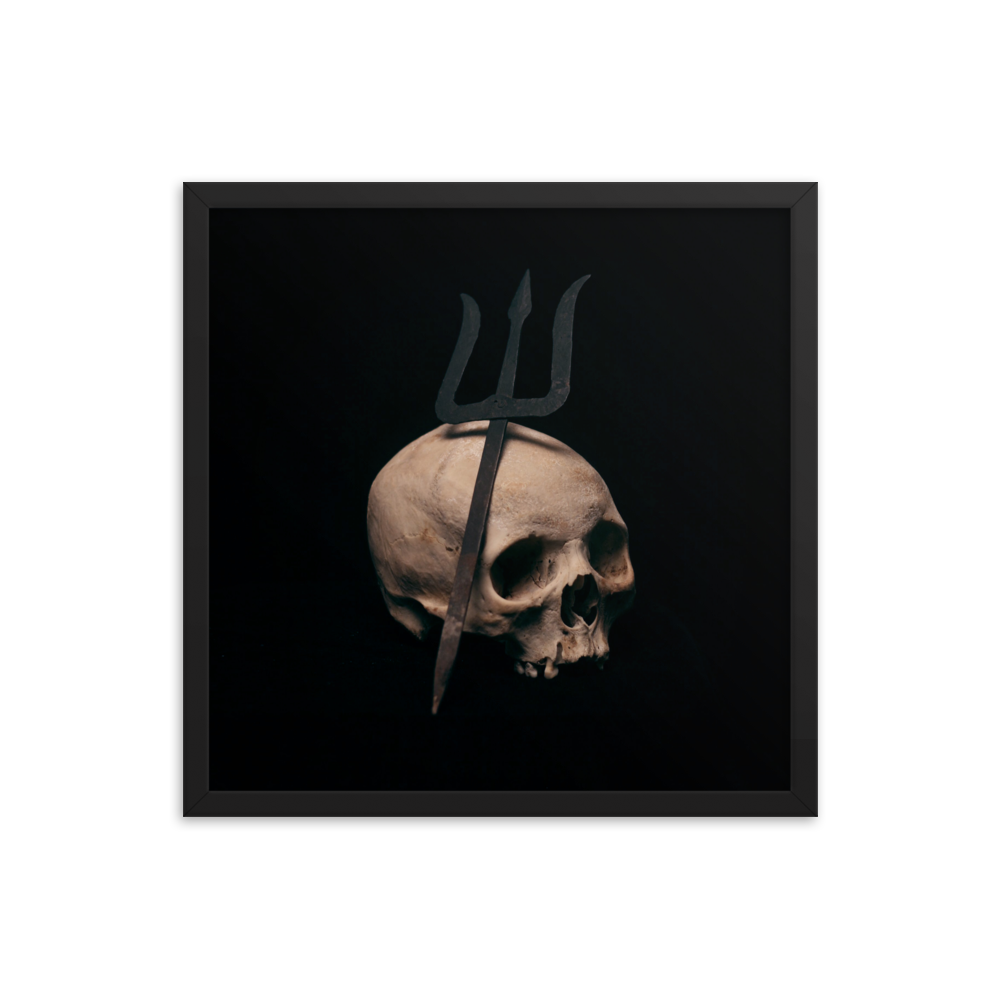 Trident leaning on skull, real human skull photography - Square framed poster