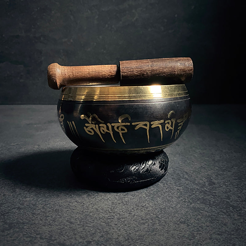 Tibetan singing bowl set, standing bell, black patina edition - RITUAL ITEM