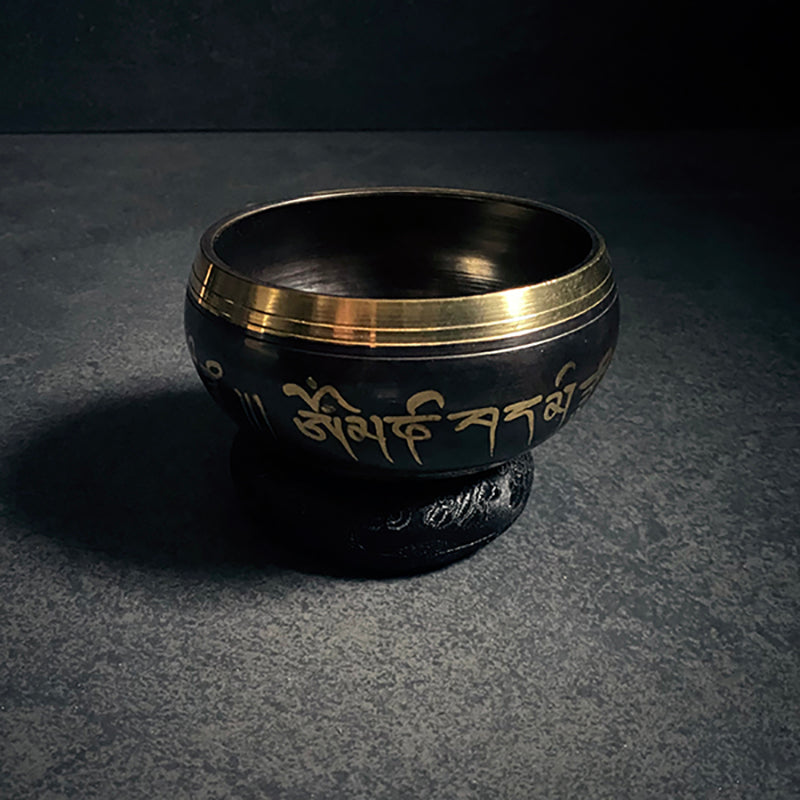 Tibetan singing bowl set, standing bell, black patina edition - RITUAL ITEM