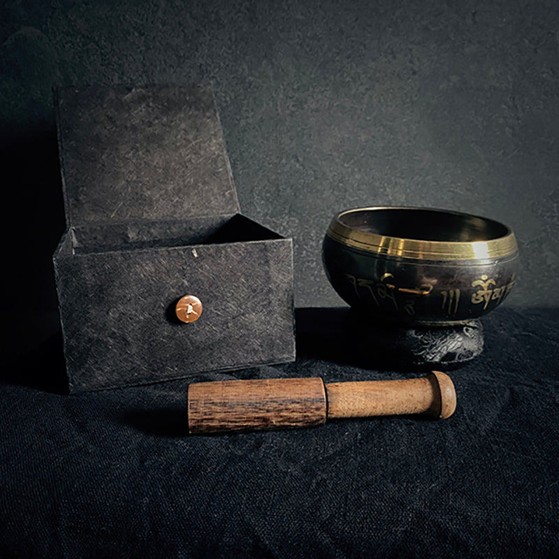 Tibetan singing bowl set, standing bell, black patina edition - RITUAL ITEM