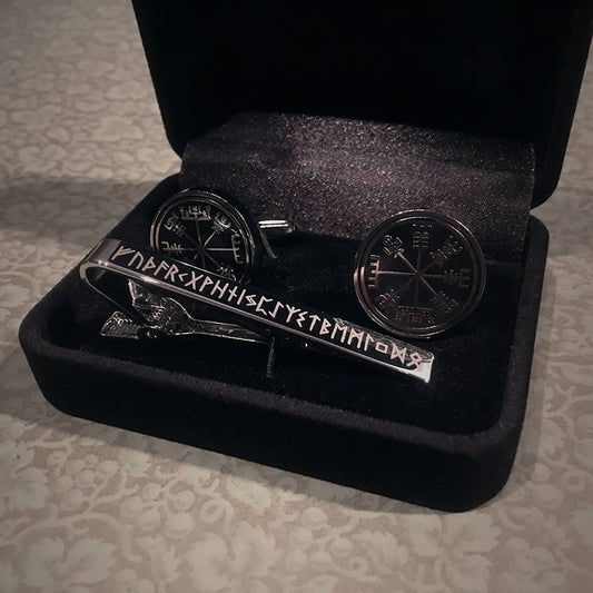 Vegvisir cufflinks, Elder Futhark tie-clip with - gift box set!