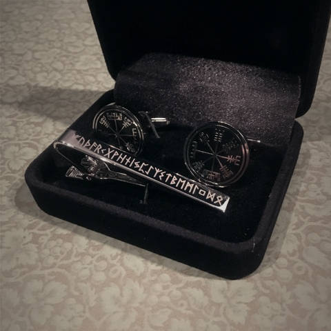 Vegvisir cufflinks, Elder Futhark tie-clip with - gift box set!