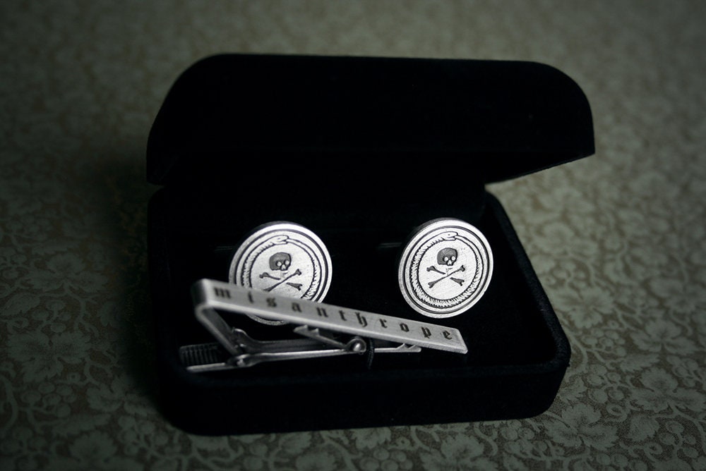 Ouroboros and skull with crossbone Cufflinks, Misanthrope tie clip - gift box set!