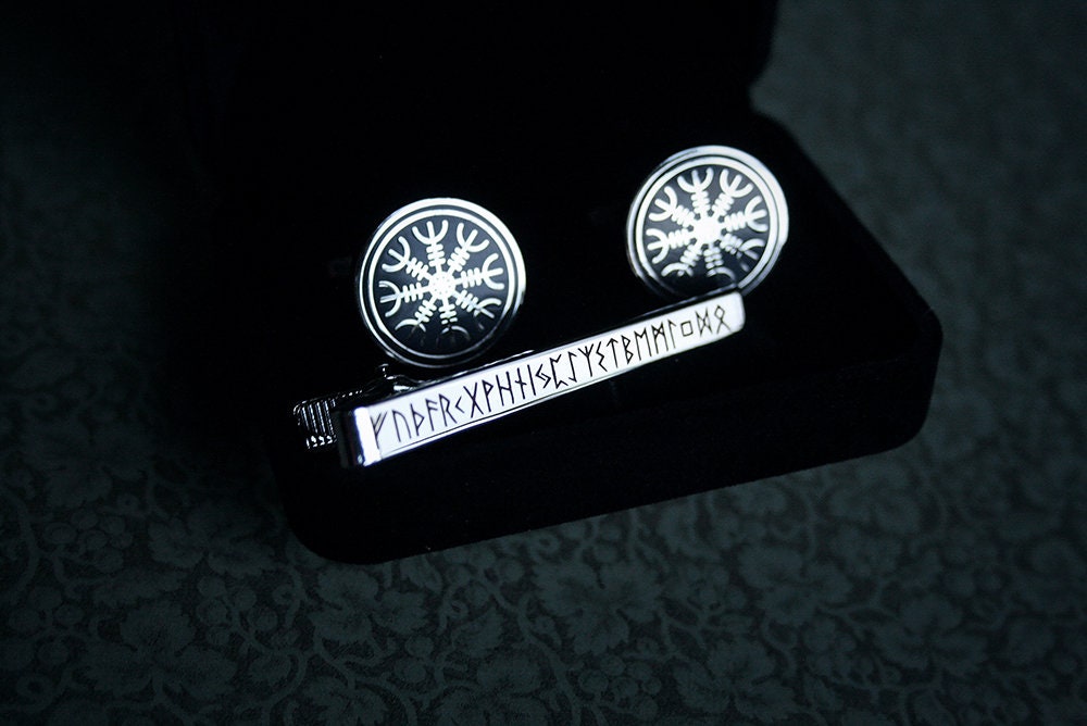 Ægishjálmur Cufflinks, Elder futhark rune tie clip - gift box set!