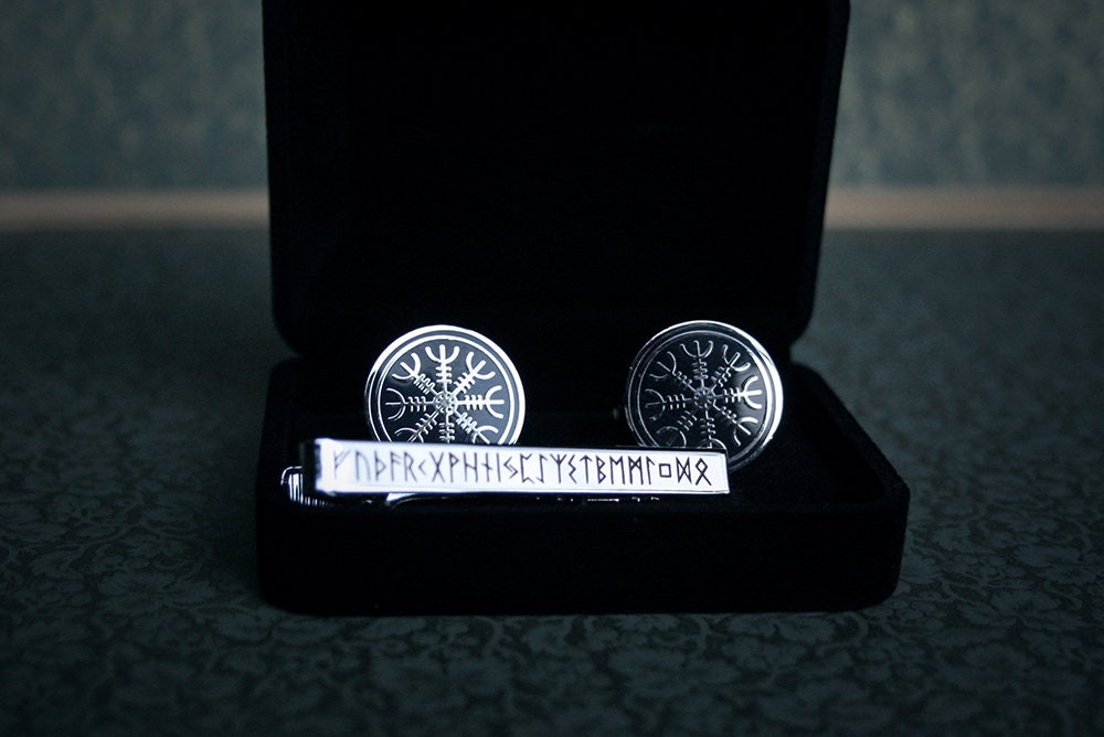 Ægishjálmur Cufflinks, Elder futhark rune tie clip - gift box set!