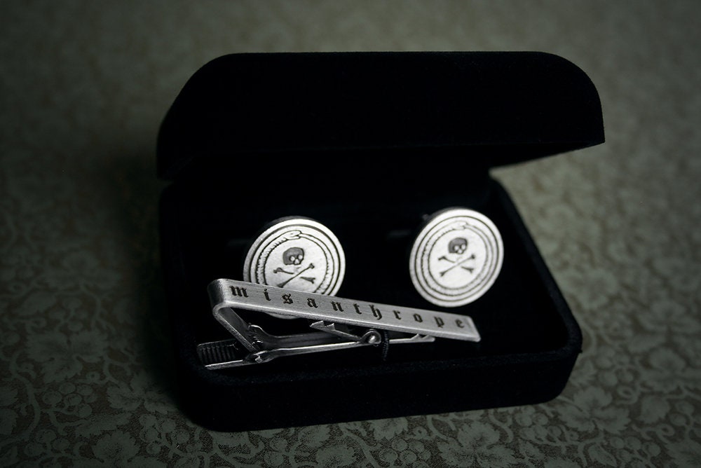 Ouroboros and skull with crossbone Cufflinks, Misanthrope tie clip - gift box set!