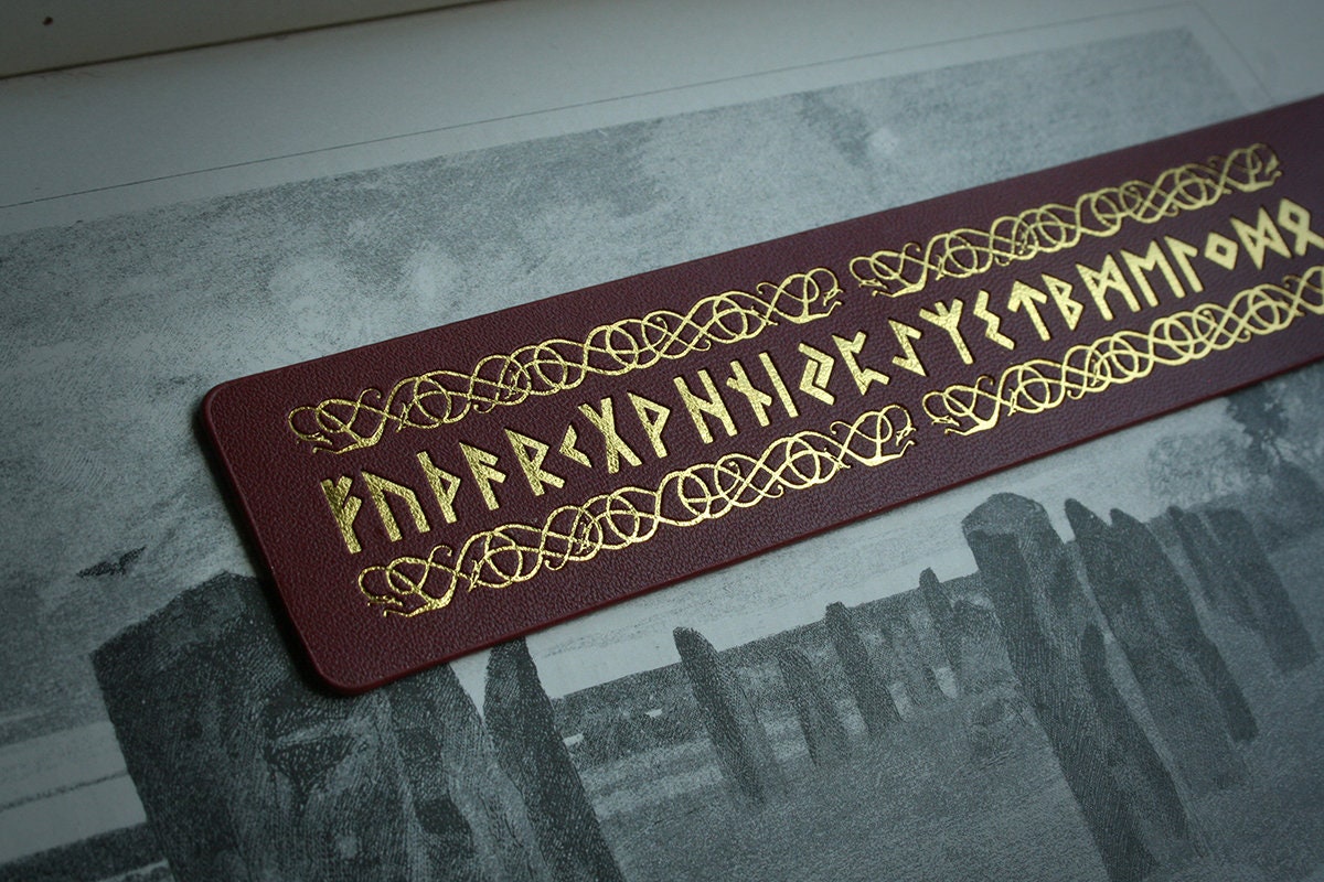 Elder futhark runes, red vegan leather, gold printing - Bookmark