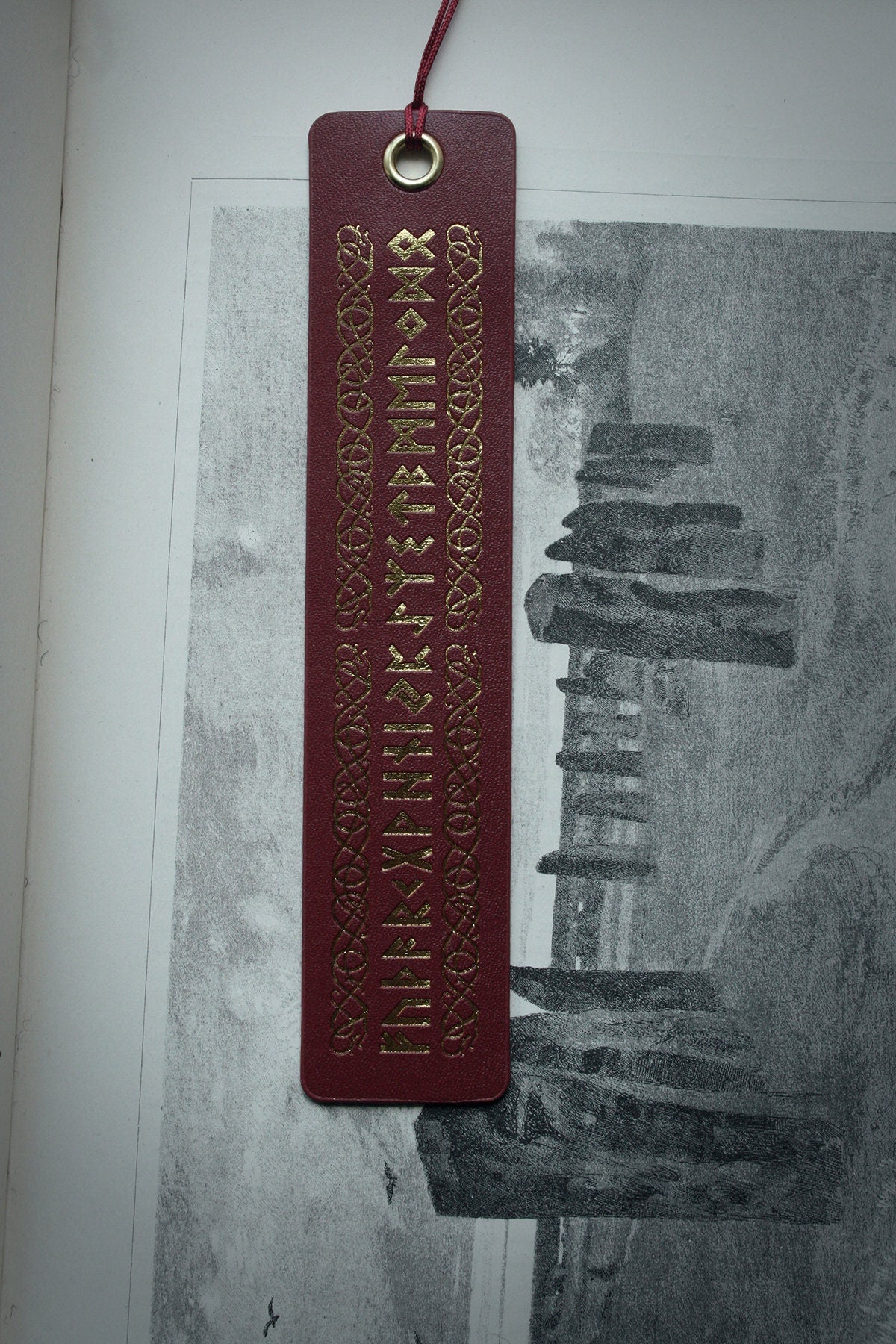 Elder futhark runes, red vegan leather, gold printing - Bookmark