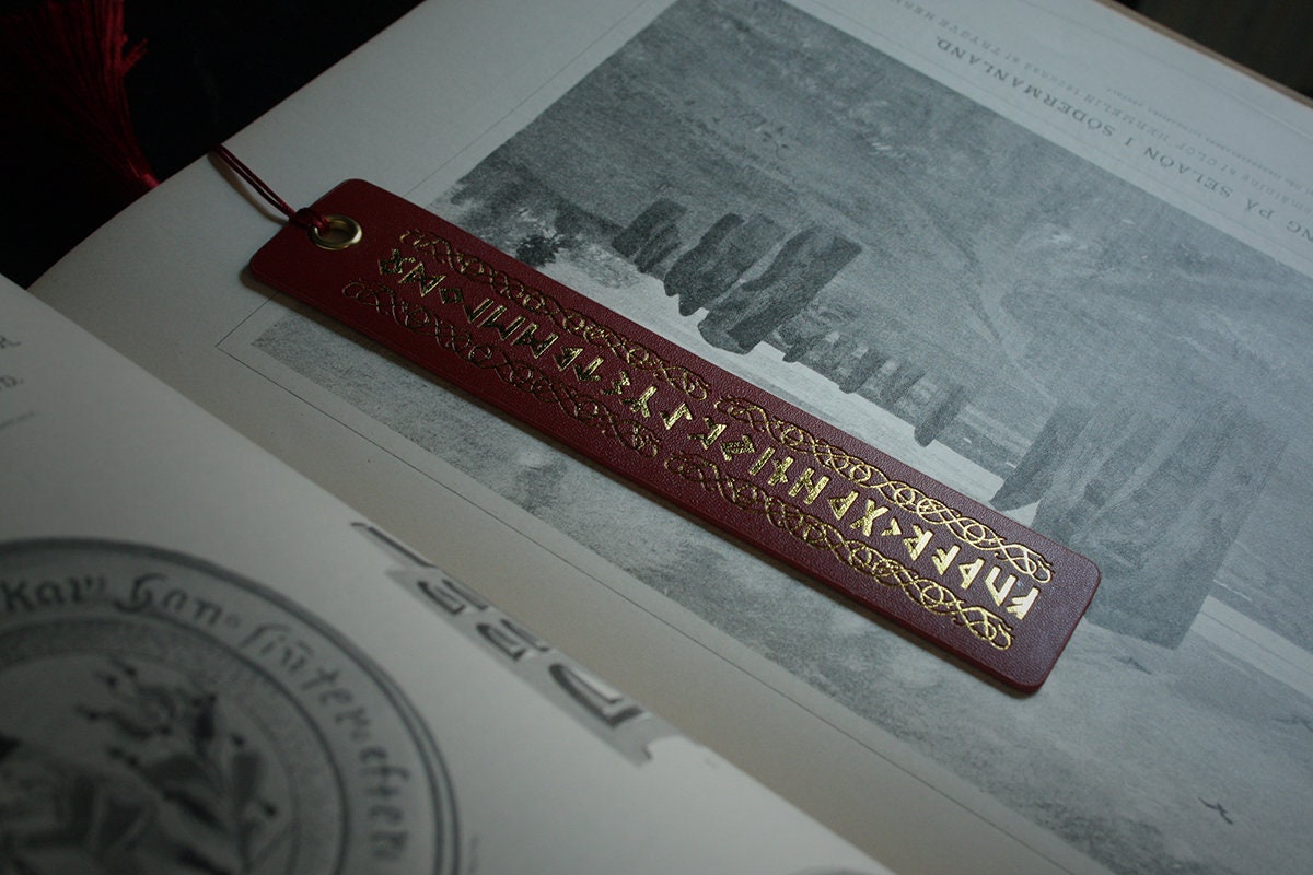 Elder futhark runes, red vegan leather, gold printing - Bookmark
