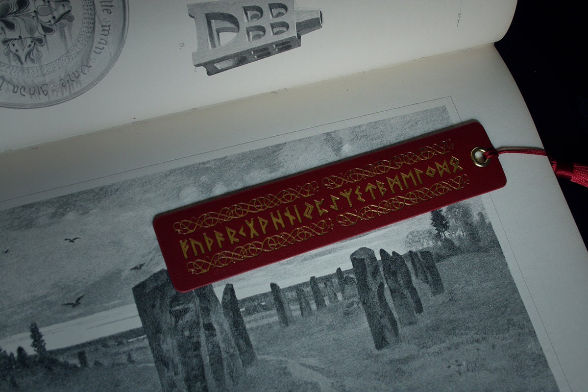 Elder futhark runes, red vegan leather, gold printing - Bookmark