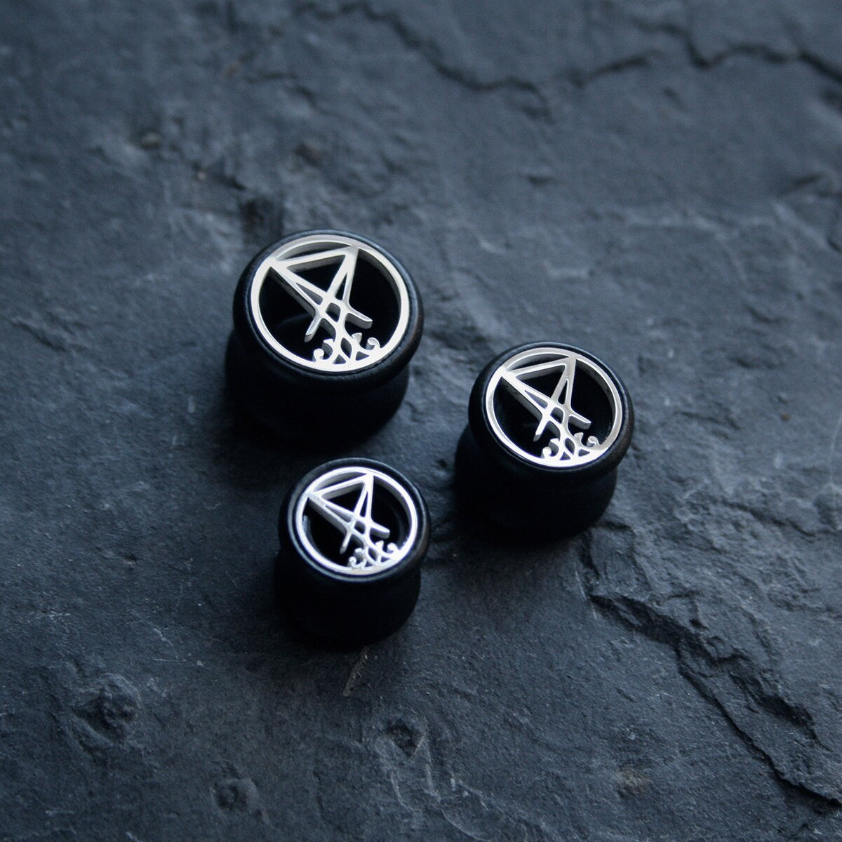 Seal of Lucifer, black wood /metal, double flare (listing is for one) - EAR PLUG / GAUGE