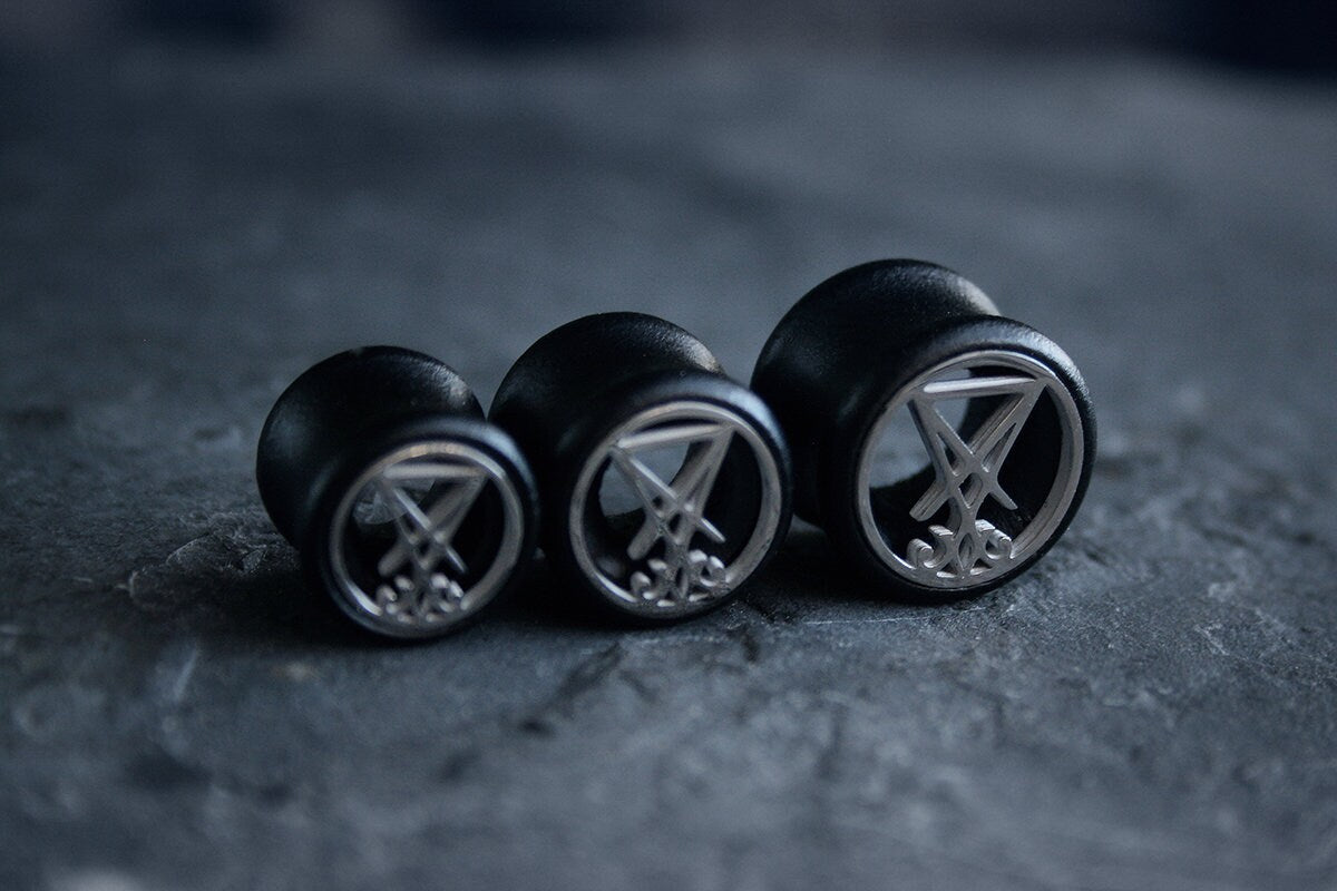 Seal of Lucifer, black wood /metal, double flare (listing is for one) - EAR PLUG / GAUGE