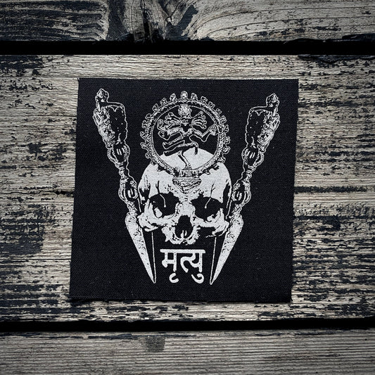 Skull with Sanskrit for death, Shiva / Nataraja and double Varja - screen printed PATCH