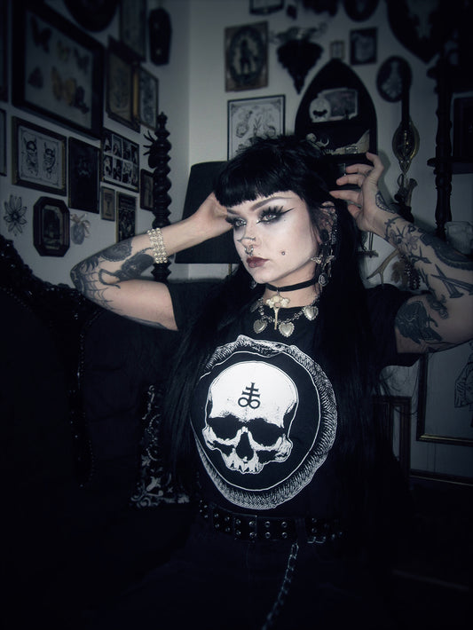 Ouroboros with Leviathan cross adorned human skull - T-shirt female fitted