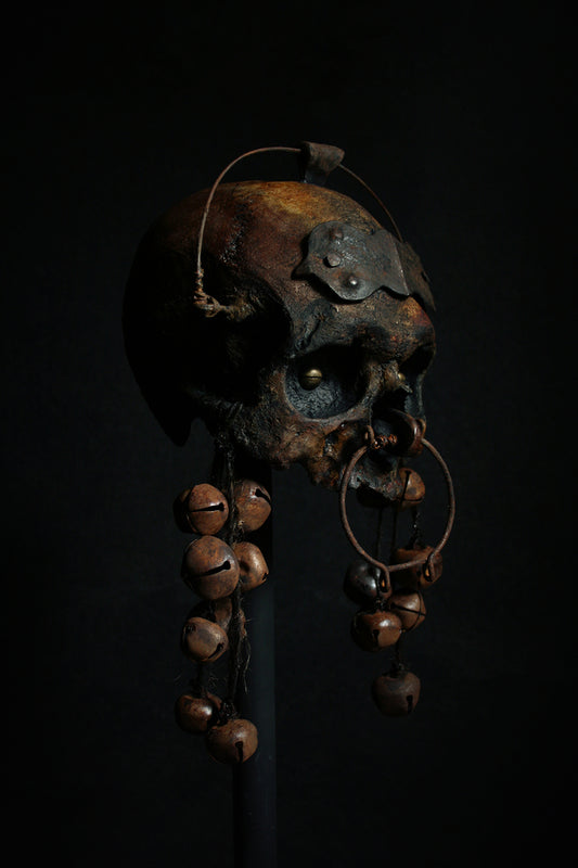 Skull mixed media sculpture "He rings from the shadows" - SCULPTURE