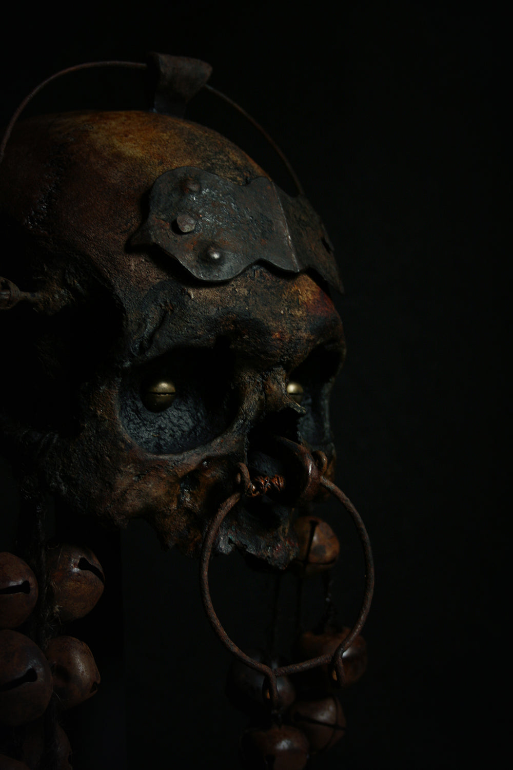 Skull mixed media sculpture "He rings from the shadows" - SCULPTURE