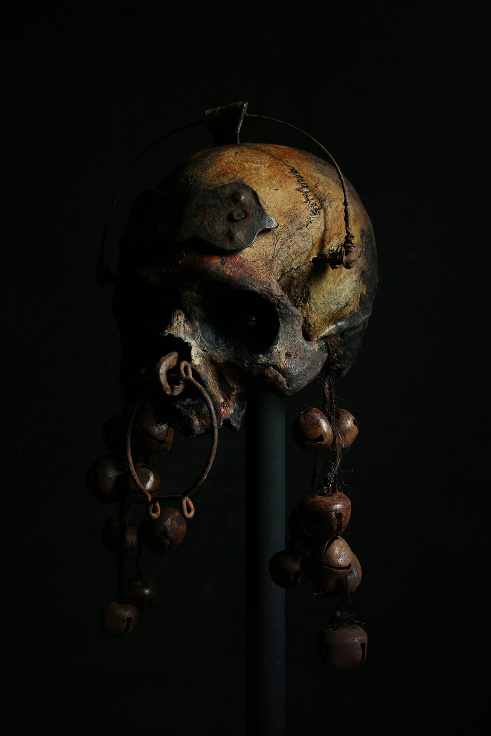 Skull mixed media sculpture "He rings from the shadows" - SCULPTURE