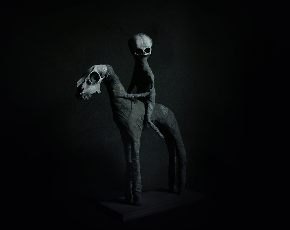 Sculpture "The black rider Daath and his night-horse" - mixed media sculpture