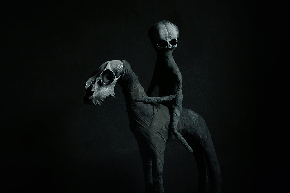 Sculpture "The black rider Daath and his night-horse" - mixed media sculpture