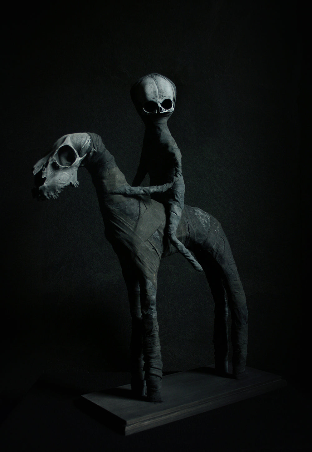 Sculpture "The black rider Daath and his night-horse" - mixed media sculpture