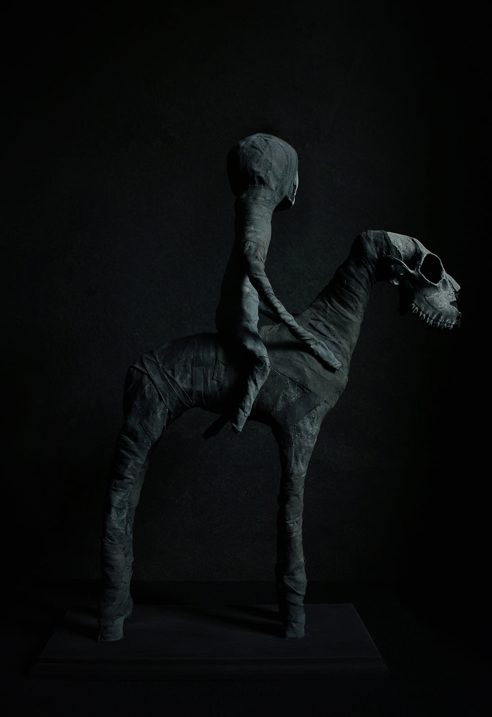 Sculpture "The black rider Daath and his night-horse" - mixed media sculpture