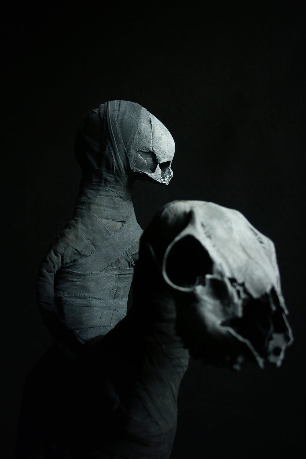 Sculpture "The black rider Daath and his night-horse" - mixed media sculpture