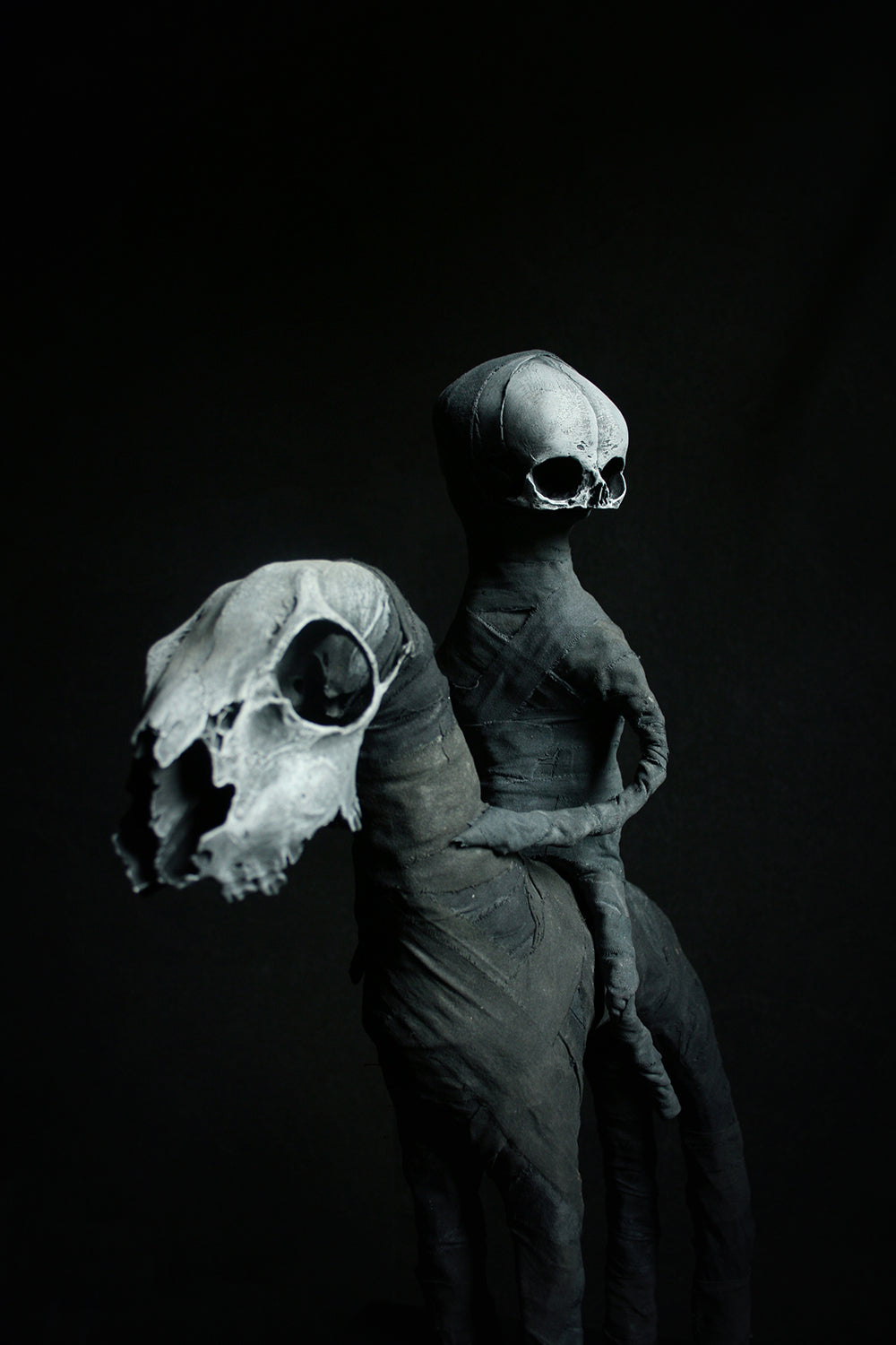 Sculpture "The black rider Daath and his night-horse" - mixed media sculpture