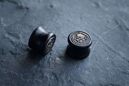 Ouroboros with skull, black wood / metal, double flare (listing is for a pair) - EAR PLUG / GAUGES