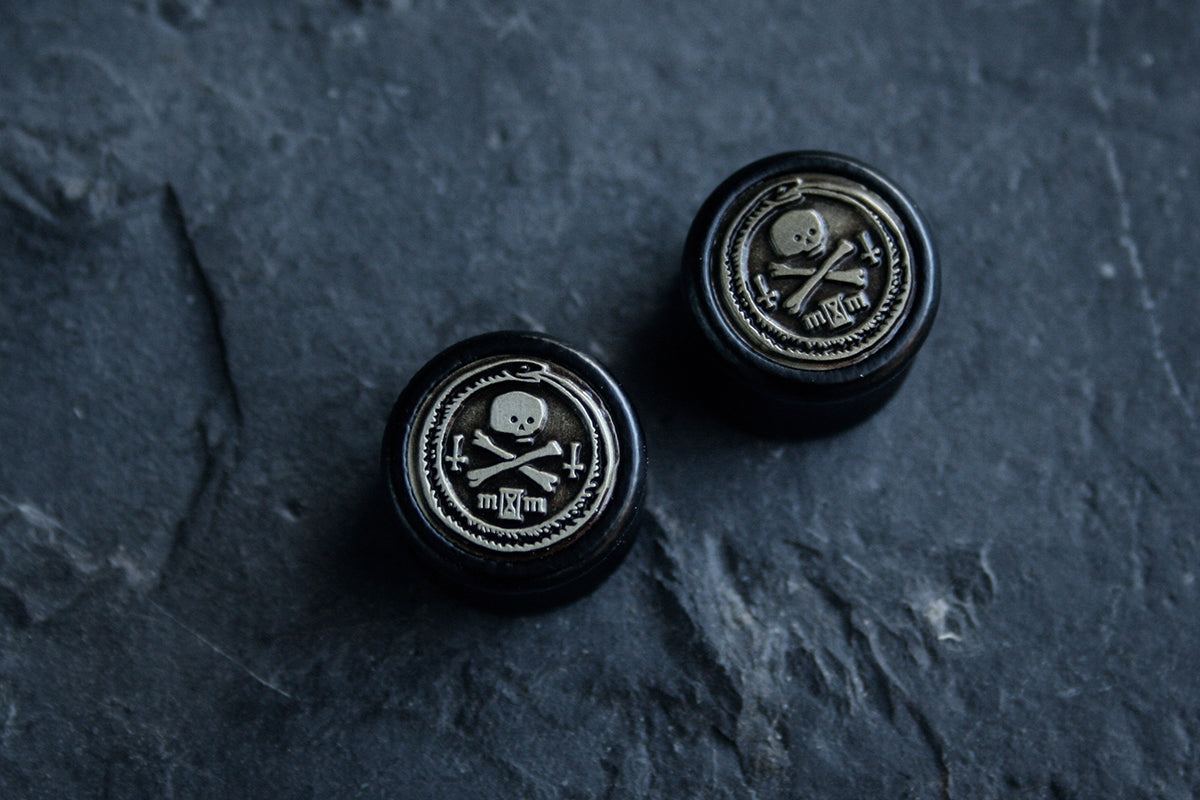 Ouroboros with skull, black wood / metal, double flare (listing is for a pair) - EAR PLUG / GAUGES