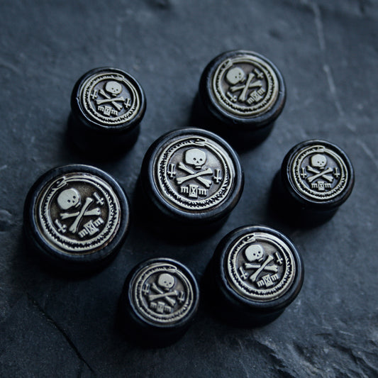 Ouroboros with skull, black wood / metal, double flare (listing is for a pair) - EAR PLUG / GAUGES
