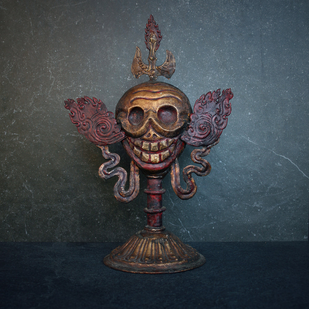 Tibetan skull with flames, Citipati, COPPER stand - RITUAL ITEM