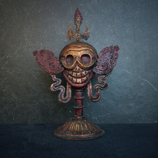 Tibetan skull with flames, Citipati, COPPER stand - RITUAL ITEM