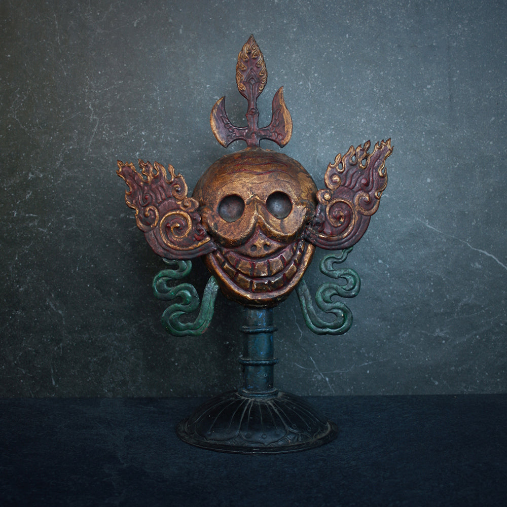 Tibetan skull with flames, Citipati, BLACK stand - RITUAL ITEM