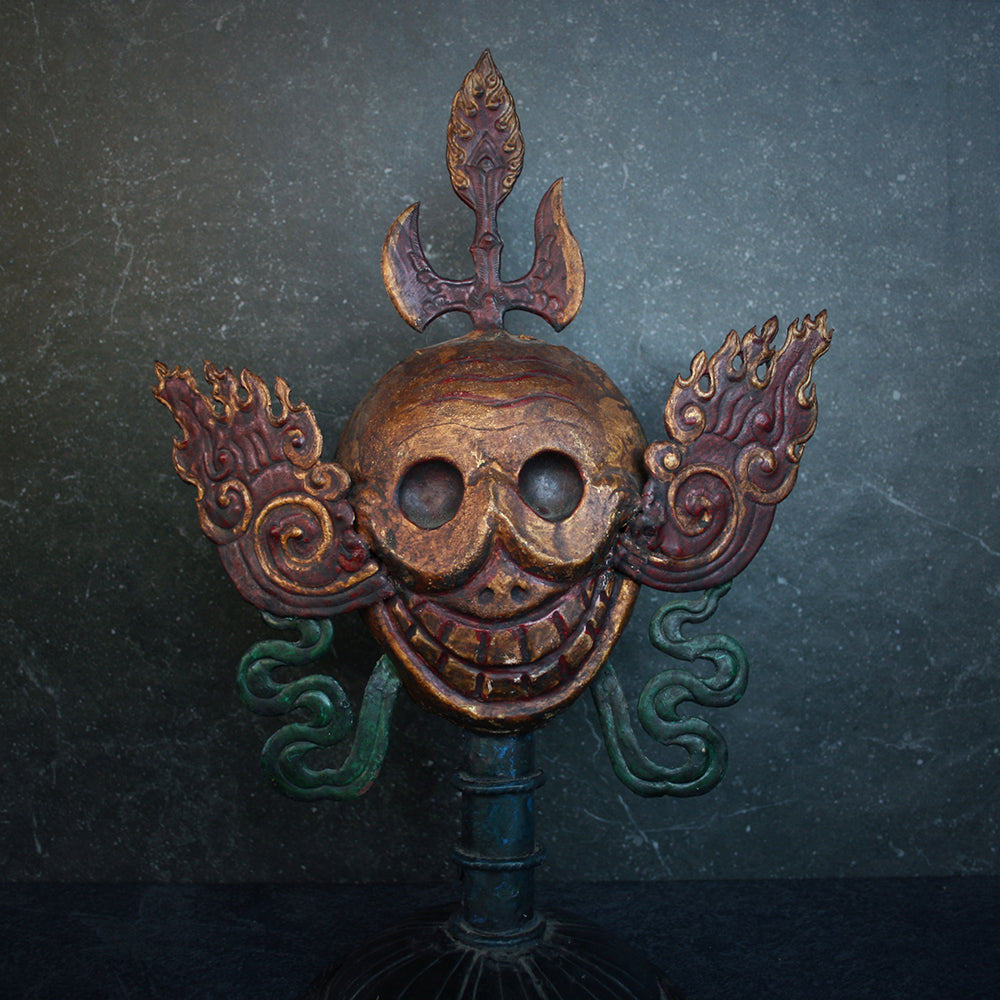 Tibetan skull with flames, Citipati, BLACK stand - RITUAL ITEM